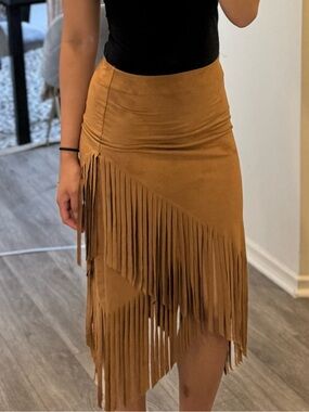 Asymmetrical Fringe Suede-Look Midi Skirt in Camel